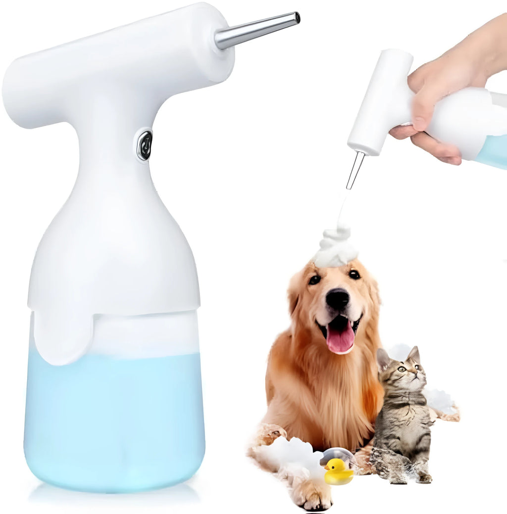 White electric foam soap dispenser with rechargeable battery and two nozzle attachments