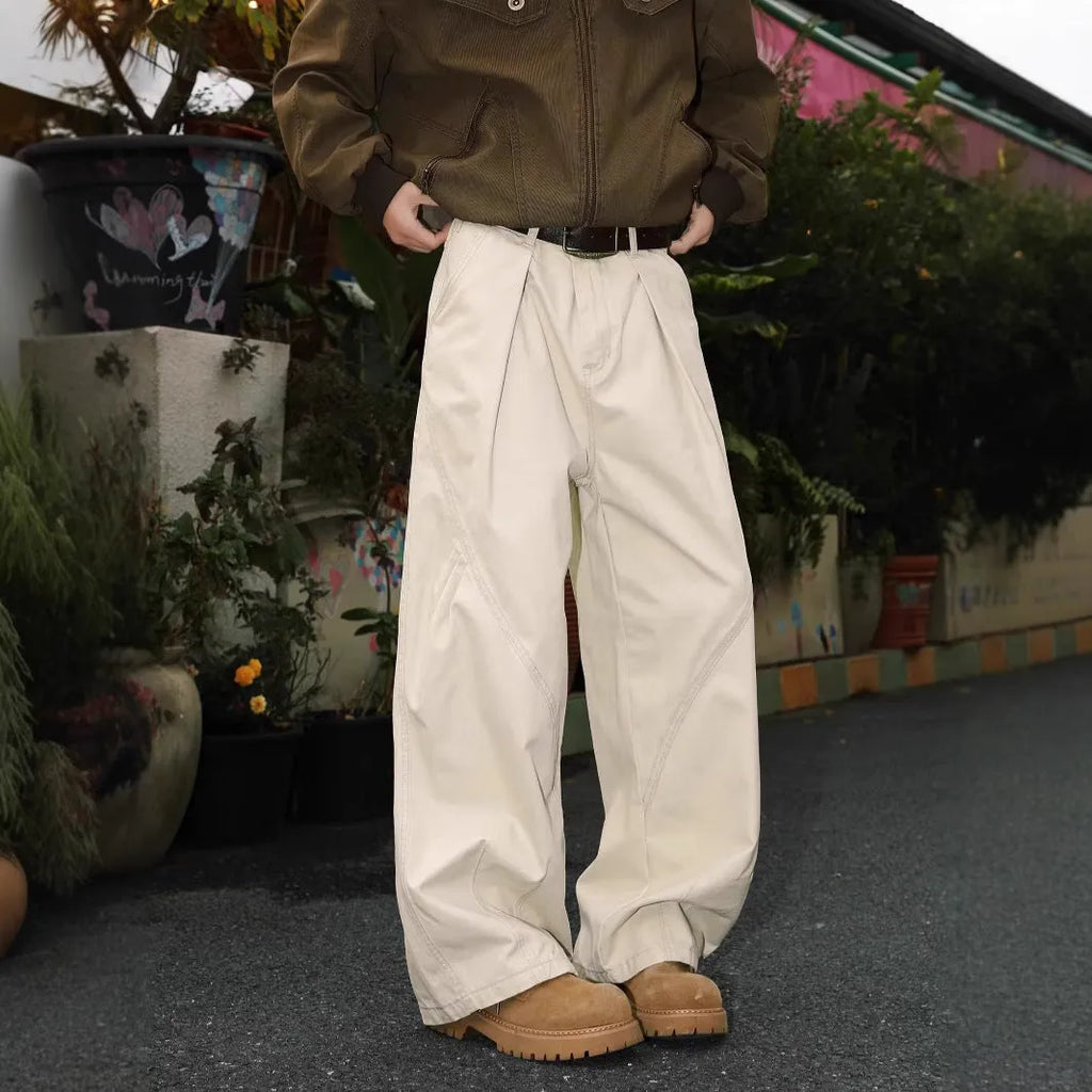 Men's straight leg trousers with pleated front in striped black, brown or apricot colours