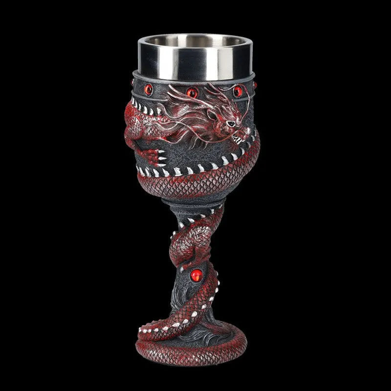 Gold stainless steel wine glass with 3D red dragon sculpture around stem