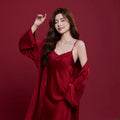 Red ice silk sleepwear set for men and women with long sleeves and trousers