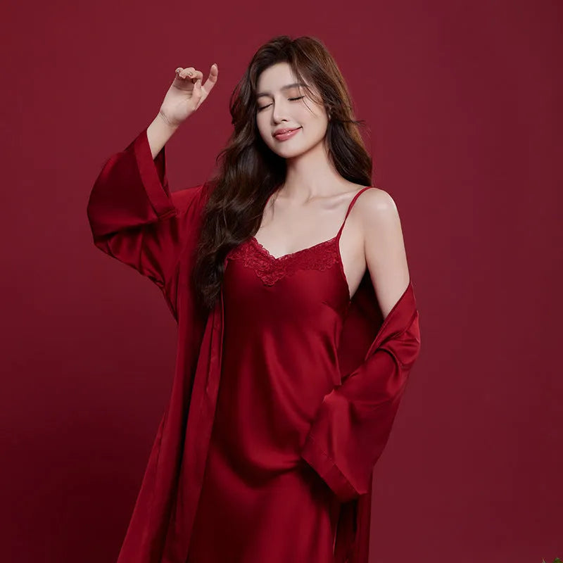 Red ice silk sleepwear set for men and women with long sleeves and trousers