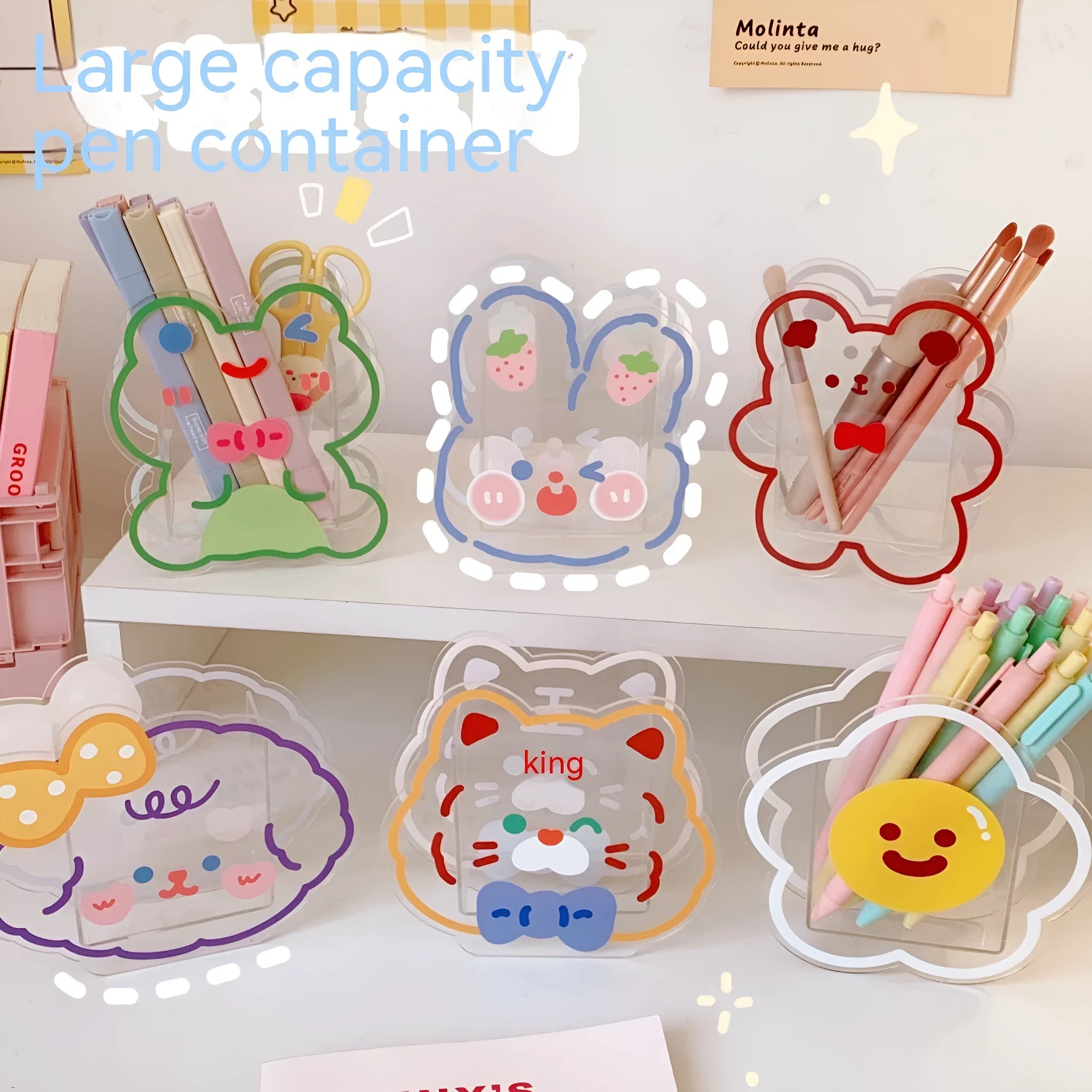 Clear acrylic square stationery storage box with lid in a cute cartoon animal design.