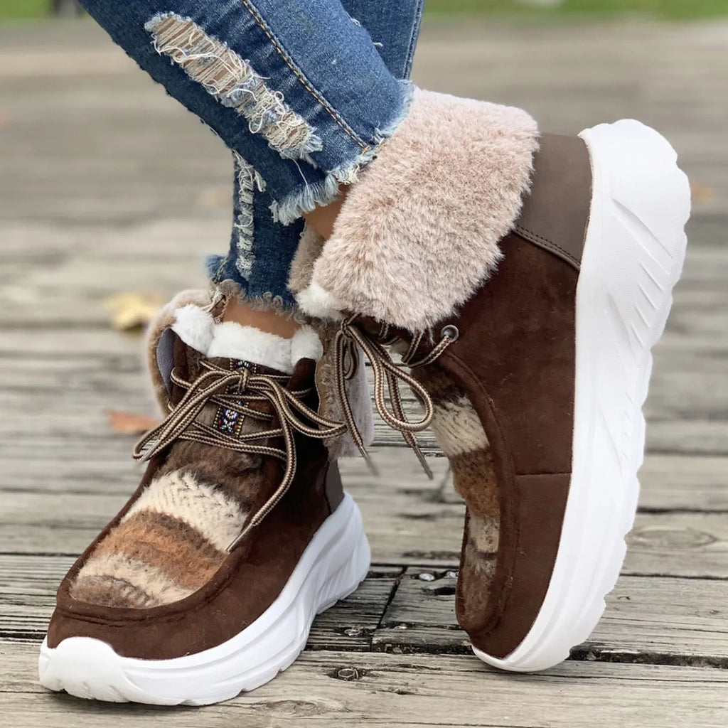 Beige women's lace-up suede snow boots with plush lining and thick rubber sole