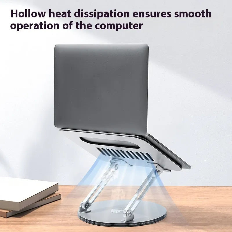 Silver aluminium alloy laptop stand with rotatable lift-up design in folded position