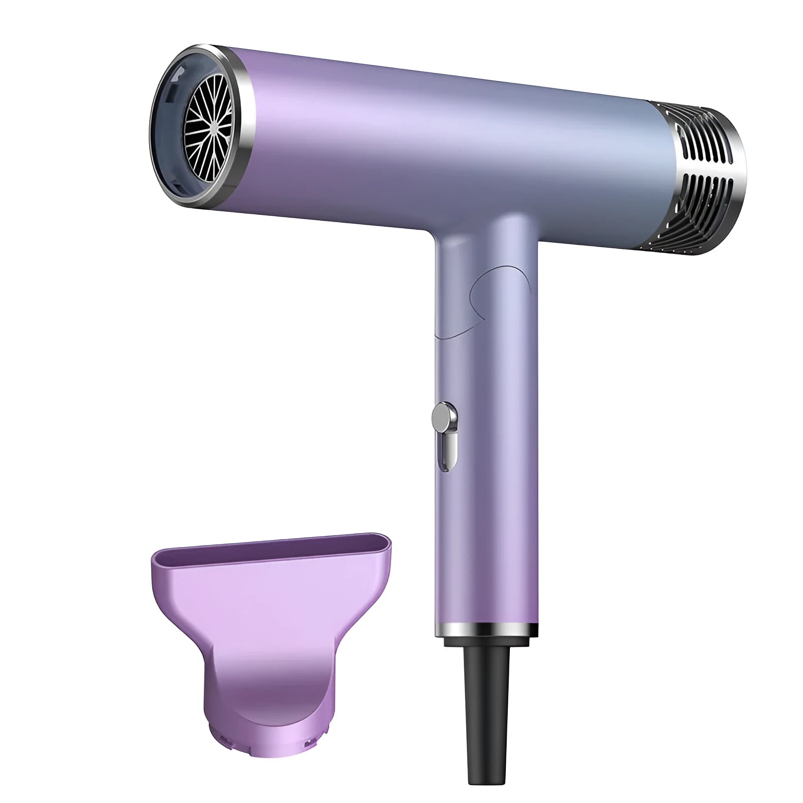 Green foldable hair dryer with collapsed handle next to a suitcase, demonstrating portable travel size.