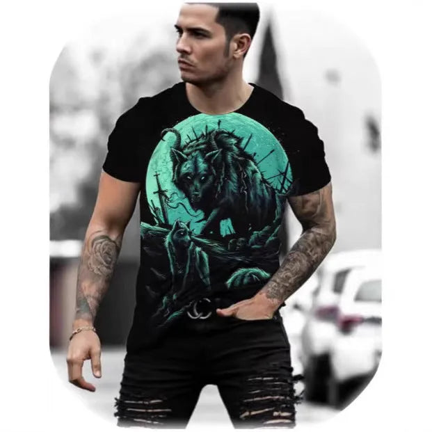 Men's grey T-shirt with a retro-style 3D lion graphic print on the front