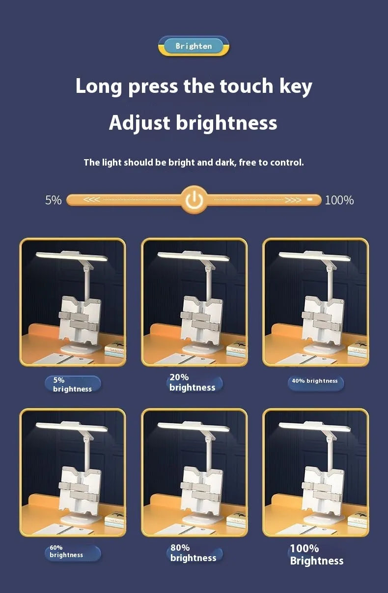 Multifunctional adjustable table lamp on a bookshelf showing three colour temperature settings and dual charging plug