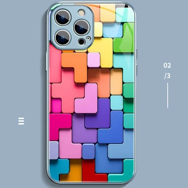 Colourful cartoon geometric building block pattern on a black silicone iPhone back cover case.