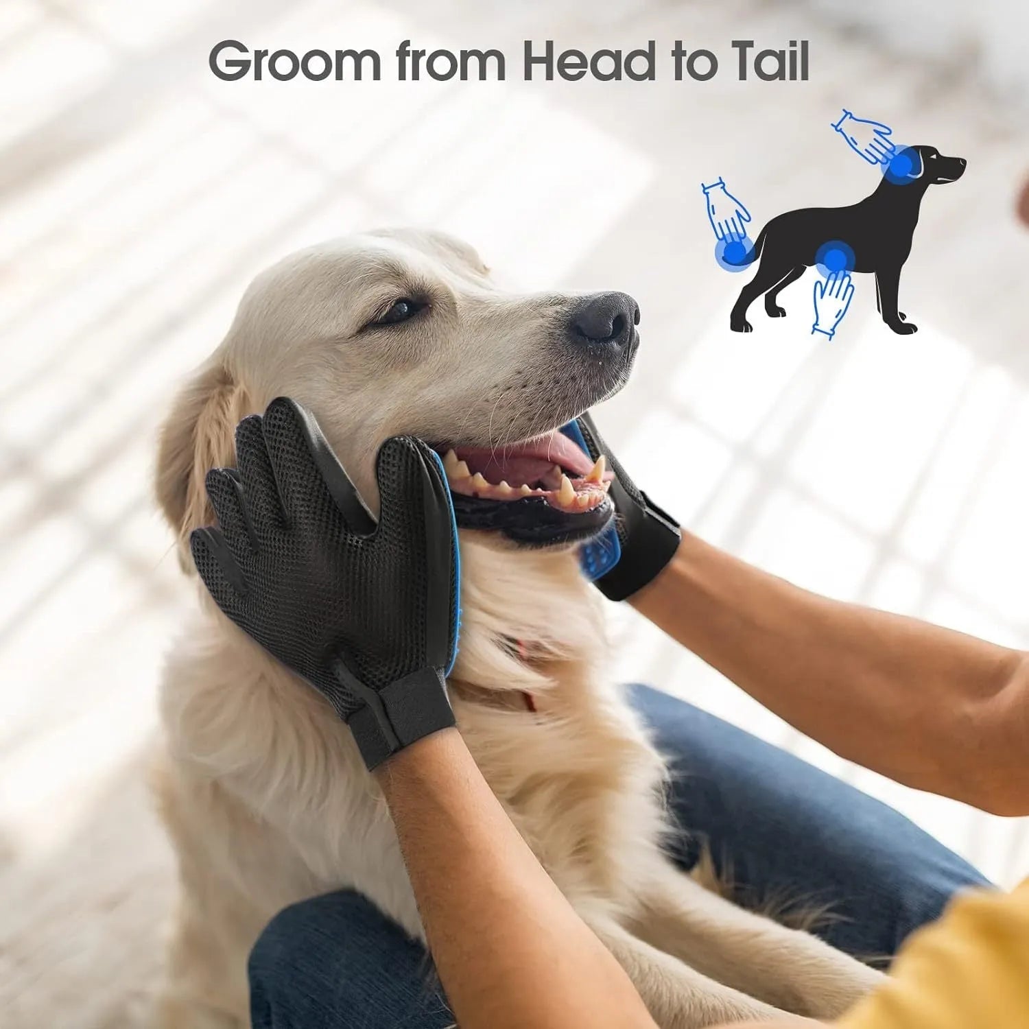 Blue pet grooming gloves with silicone tips for gentle hair removal during brushing and washing