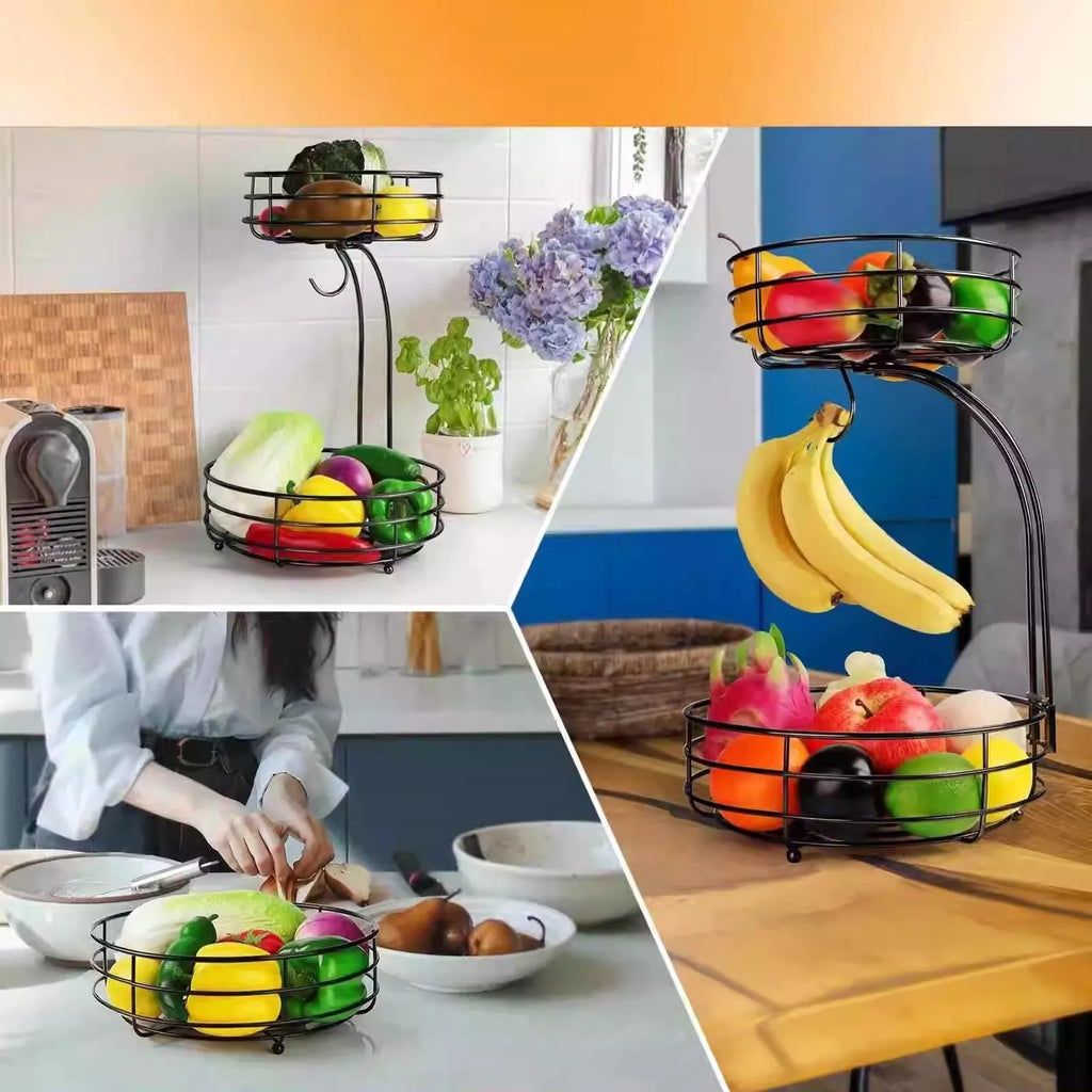 Black wrought iron double-layer fruit basket with open wire sides for storing fruits and vegetables.