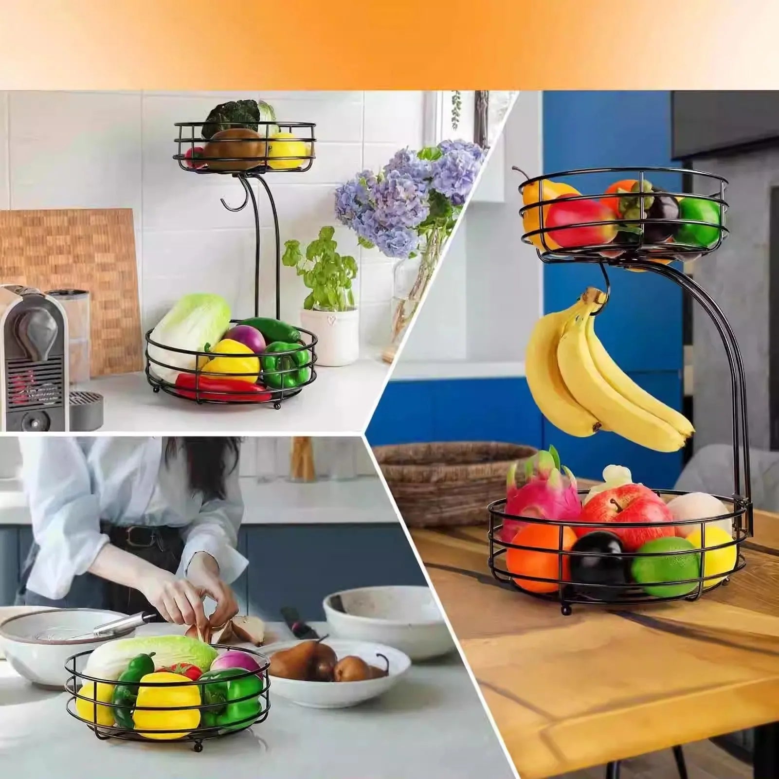 Black wrought iron double-layer fruit basket with open wire sides for storing fruits and vegetables.