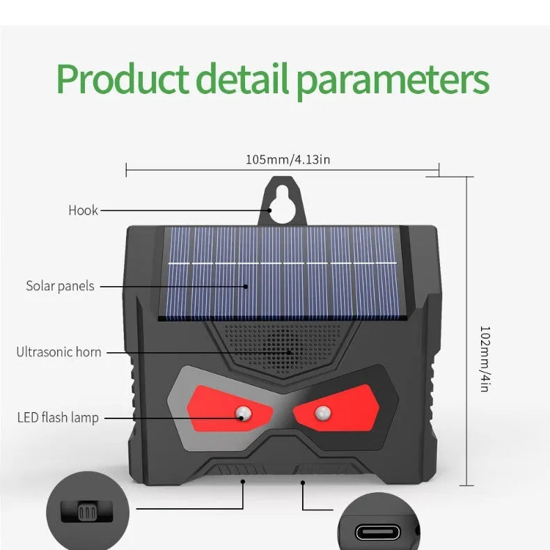 Black solar-powered outdoor ultrasonic animal repeller with charging cable