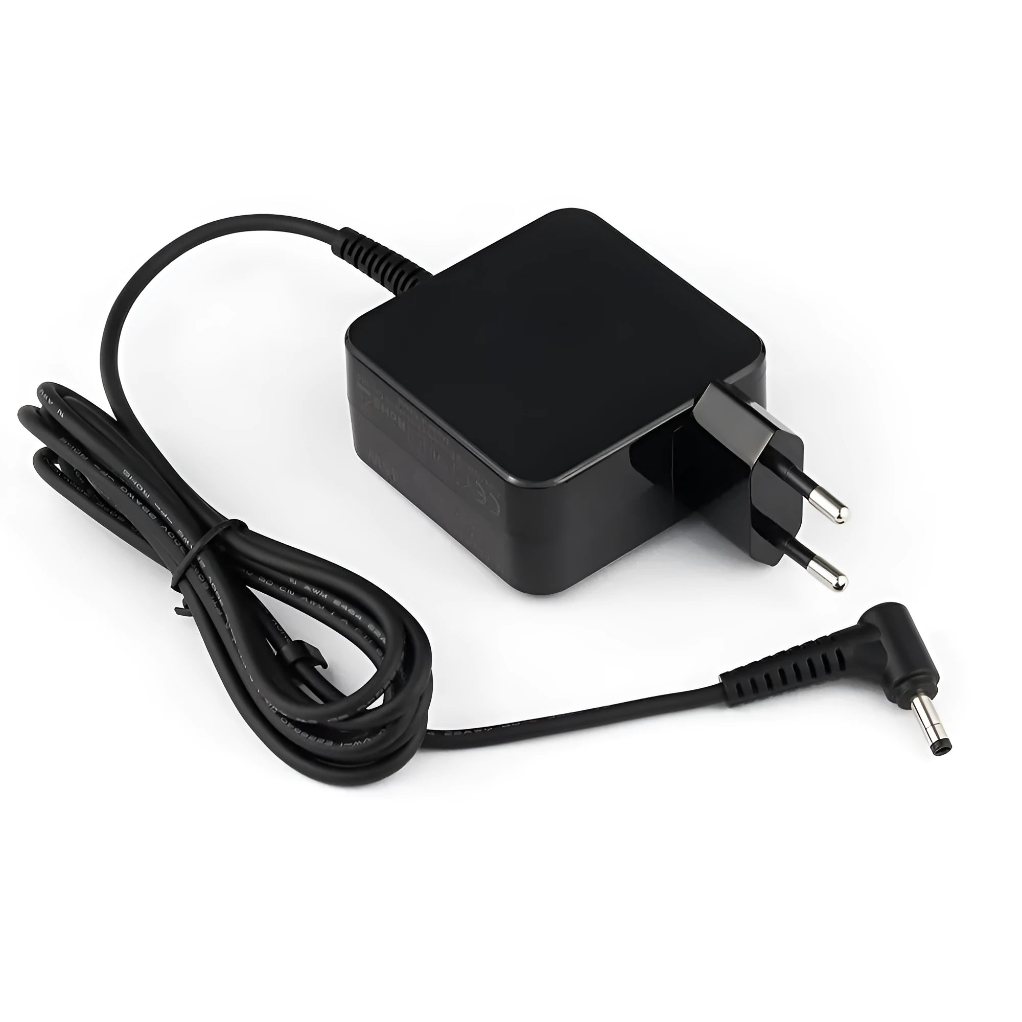 Black 45W laptop adapter with US and EU plugs showing 99.3mm length