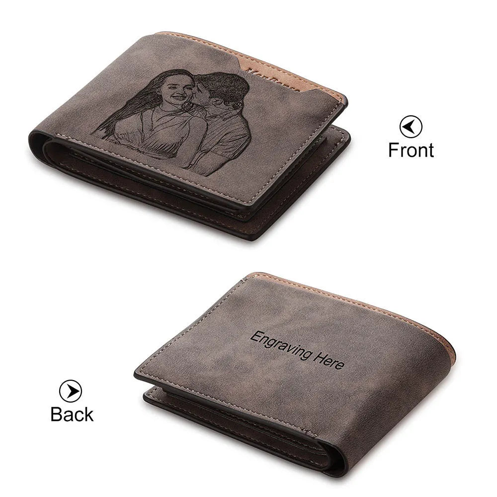 Coffee brown horizontal PU leather wallet with personalised photo engraving on the front, showing seven card slots inside.