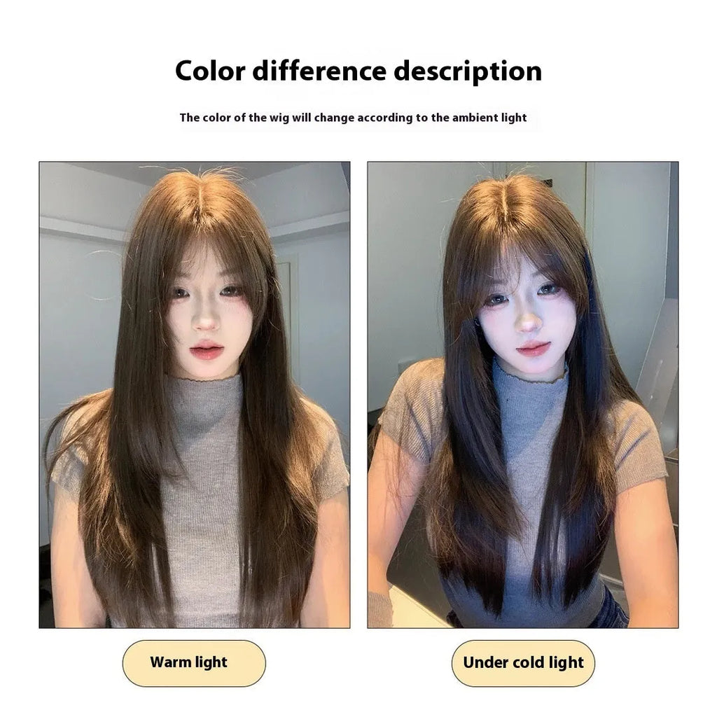 Women's cold brown layered long straight full-head wig with lace-style hair net