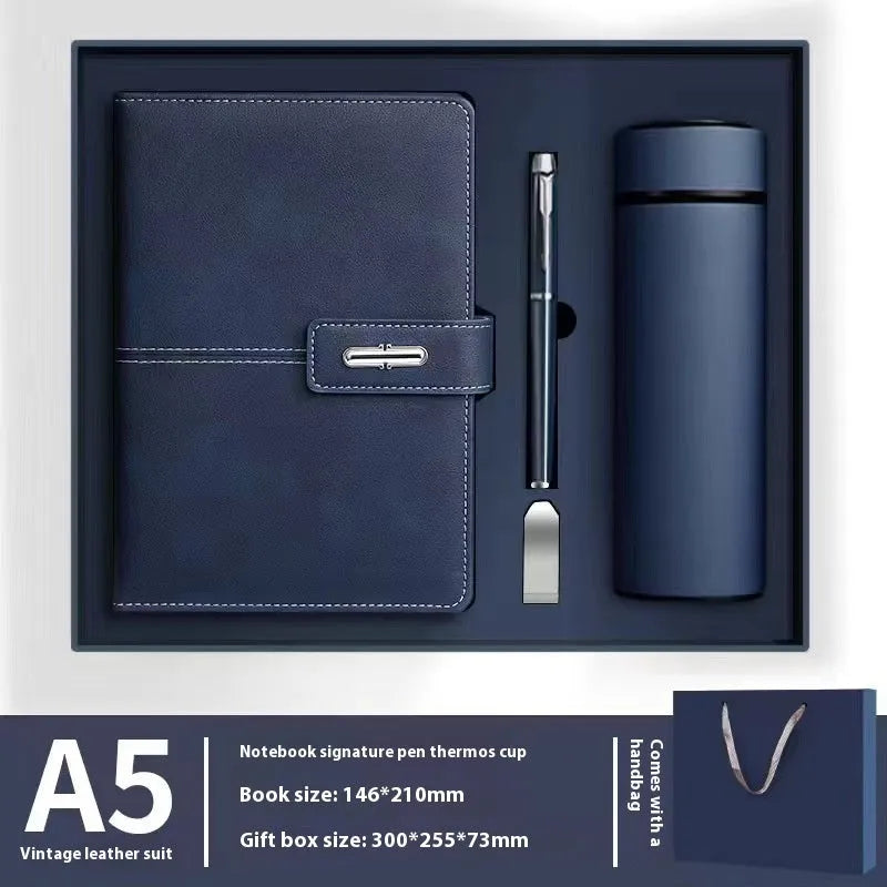 A5 notebook with PU leather cover in one of six colour options, showing wood-free paper inside.