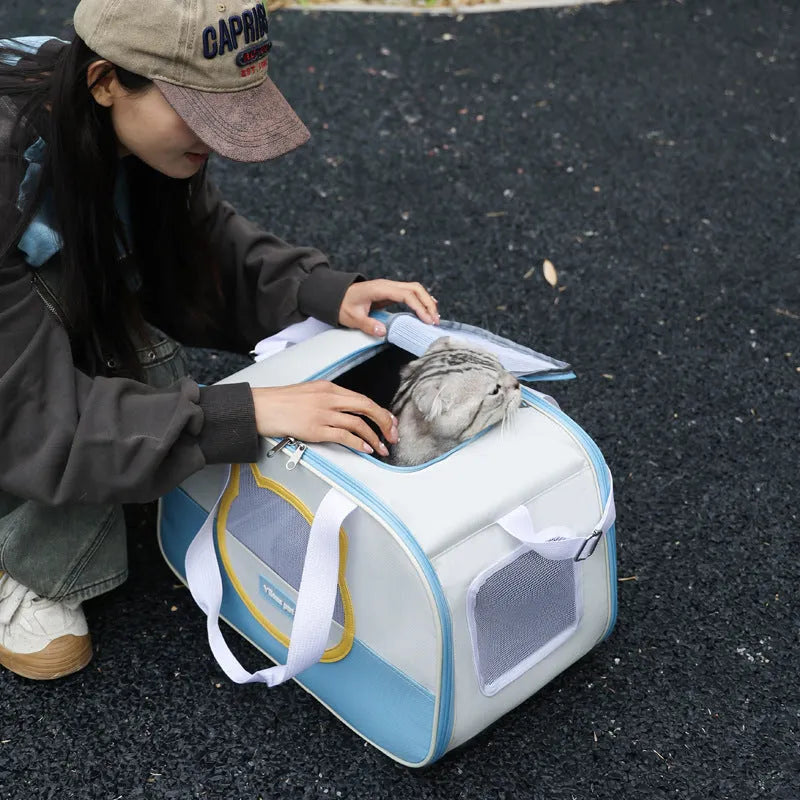 Foldable cat backpack carrier in blue colour with breathable Oxford cloth construction and 15 jin capacity