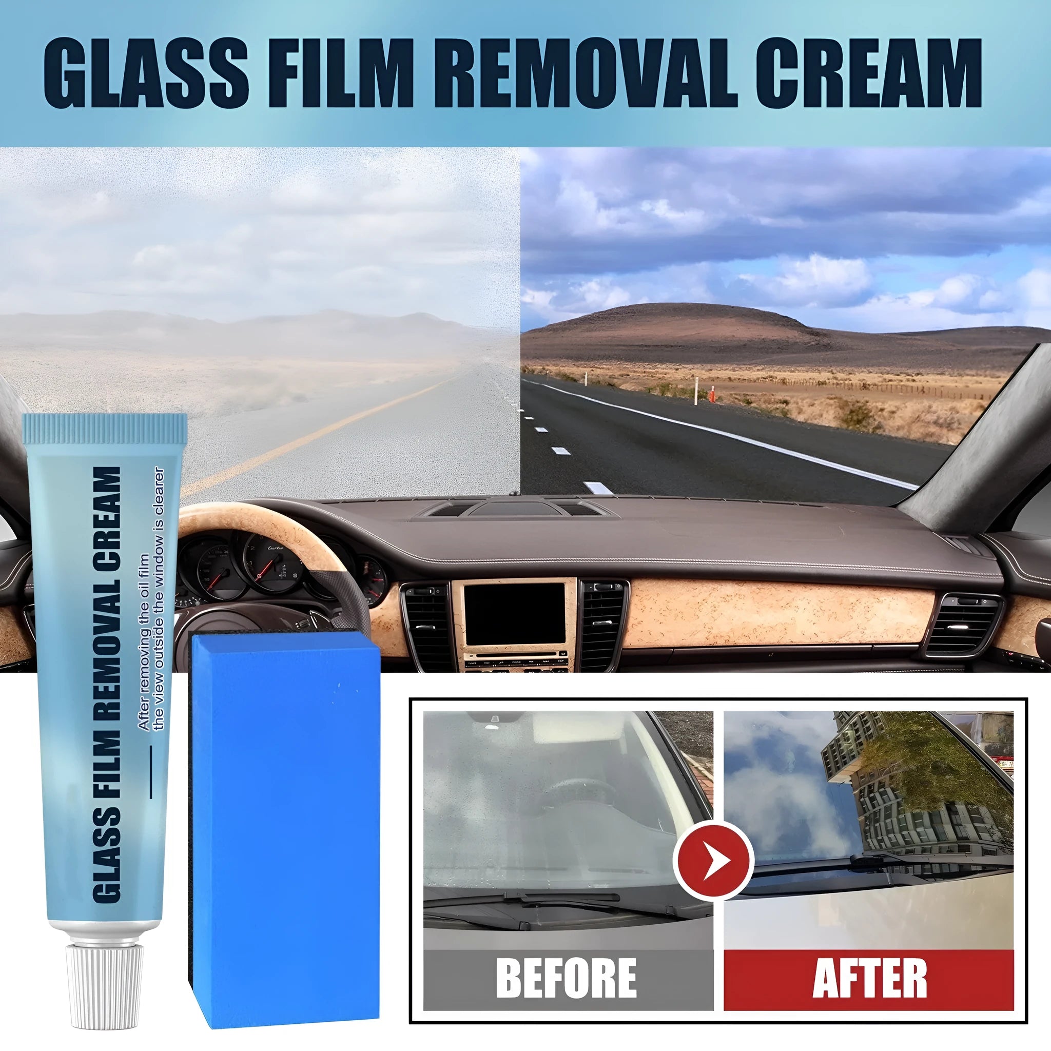 Blue packaged car glass oil film remover bottle and sponge for cleaning windscreens and windows