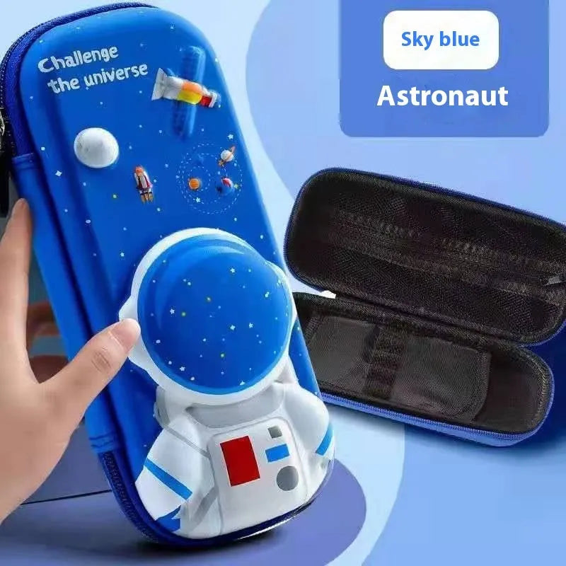 3D leather pencil case with decorative design options including astronauts, dinosaurs and mermaids