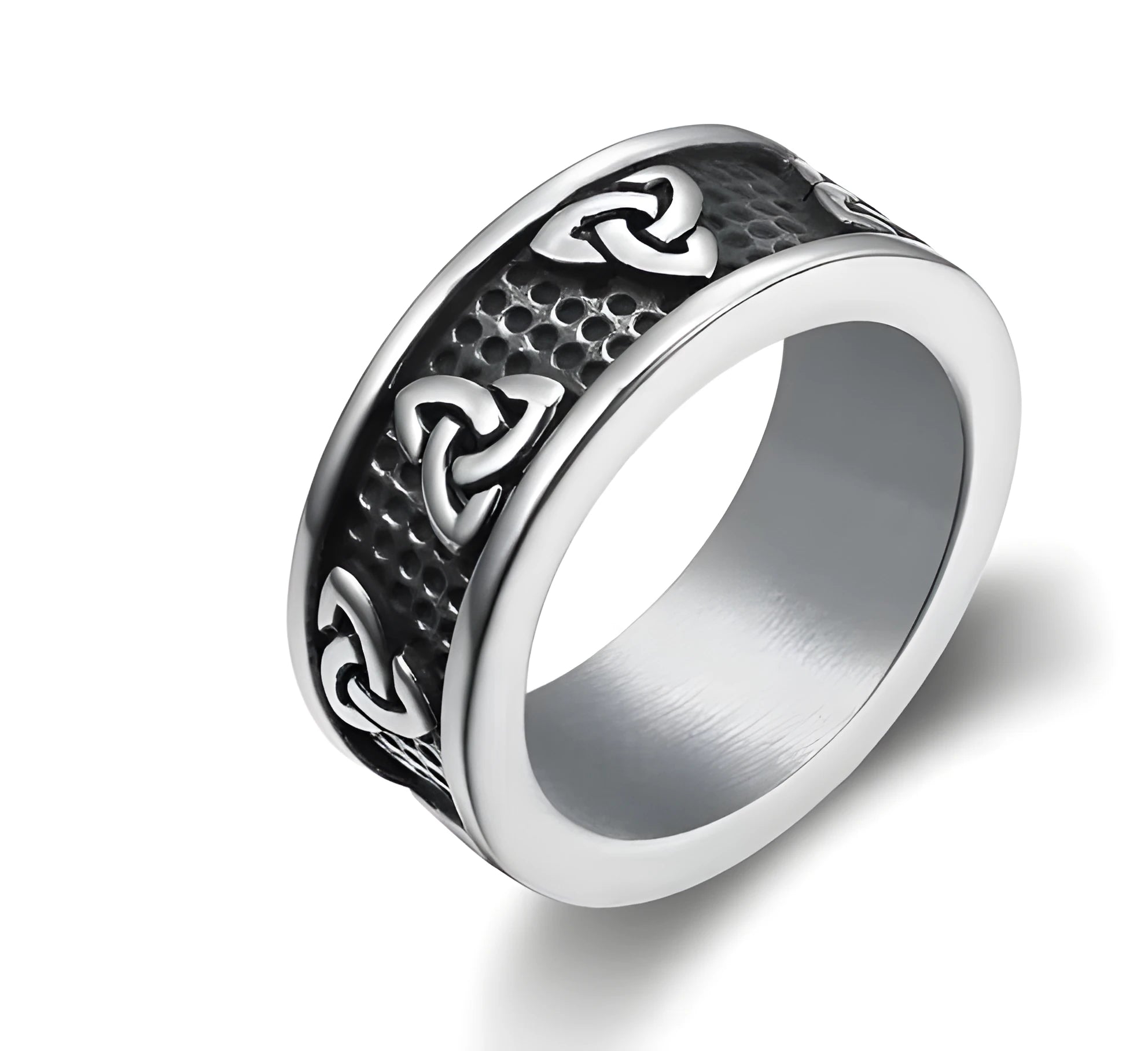 925 sterling silver trinity symbol ring with Celtic knot design on a white background