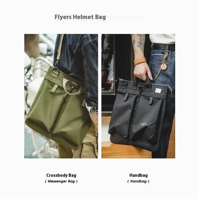Marden Tooling Helmet canvas messenger crossbody bag in military green, showing vertical square shape and shoulder strap.