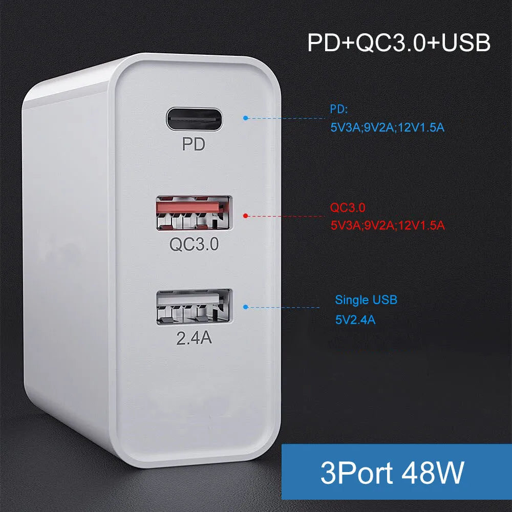 White multi-port USB fast wall charger with PD and QC support on a table.