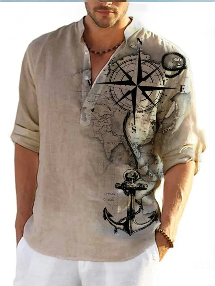 Long sleeve Hawaiian shirt with digital bamboo linen striped pattern in cardigan style