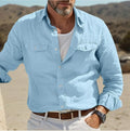 Men's long-sleeved solid colour shirt in a cotton and linen blend, shown in a loose fit.