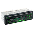 Front view of a car stereo with LCD display, control knobs, USB port, and card slot.