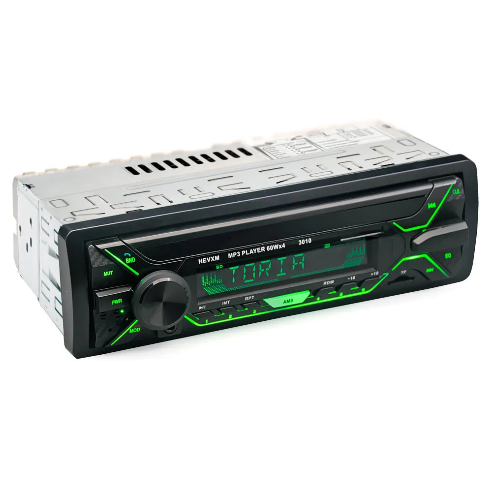 Front view of a car stereo with LCD display, control knobs, USB port, and card slot.