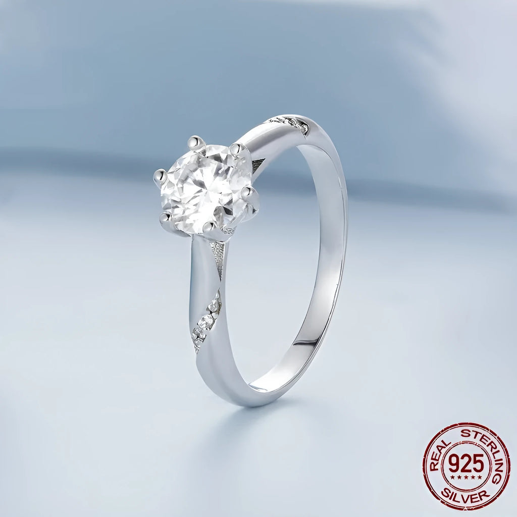 Silver electroplated moissanite ring with 1 karat stone, MSR003, slim 0.25cm band