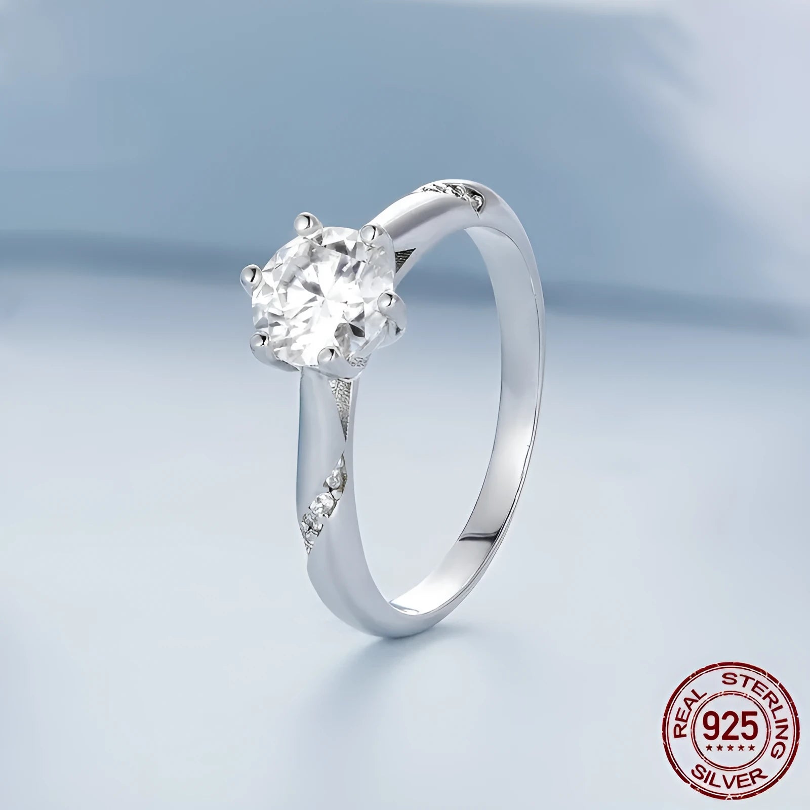 Silver electroplated moissanite ring with 1 karat stone, MSR003, slim 0.25cm band