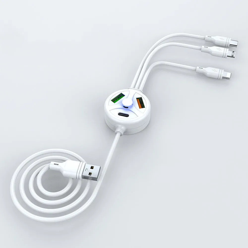 PD PVC mobile phone charging cable with three connector branches showing USB, Mini USB, Micro USB, and TYPE-C interfaces