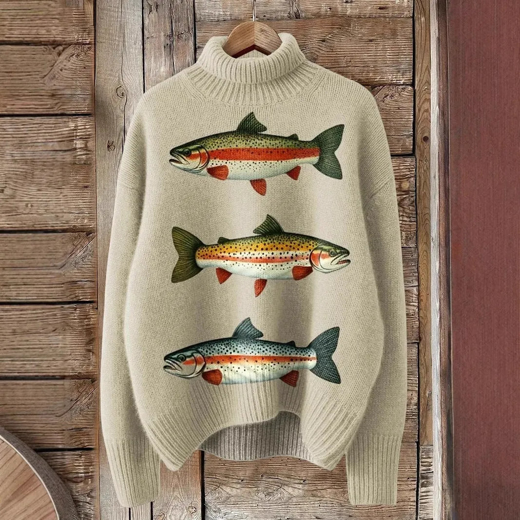 Women's Christmas printed turtleneck sweater in macaron colours, loose fit long sleeve pullover.