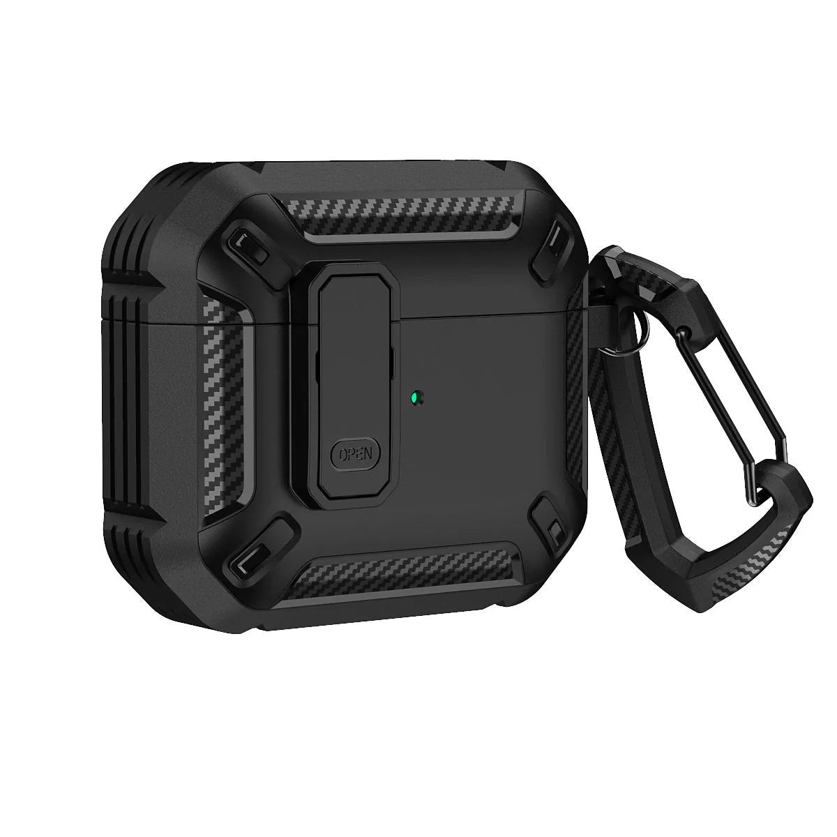 Two-tone plastic clamshell protective case for Apple AirPods with a metal carrying hook attached.