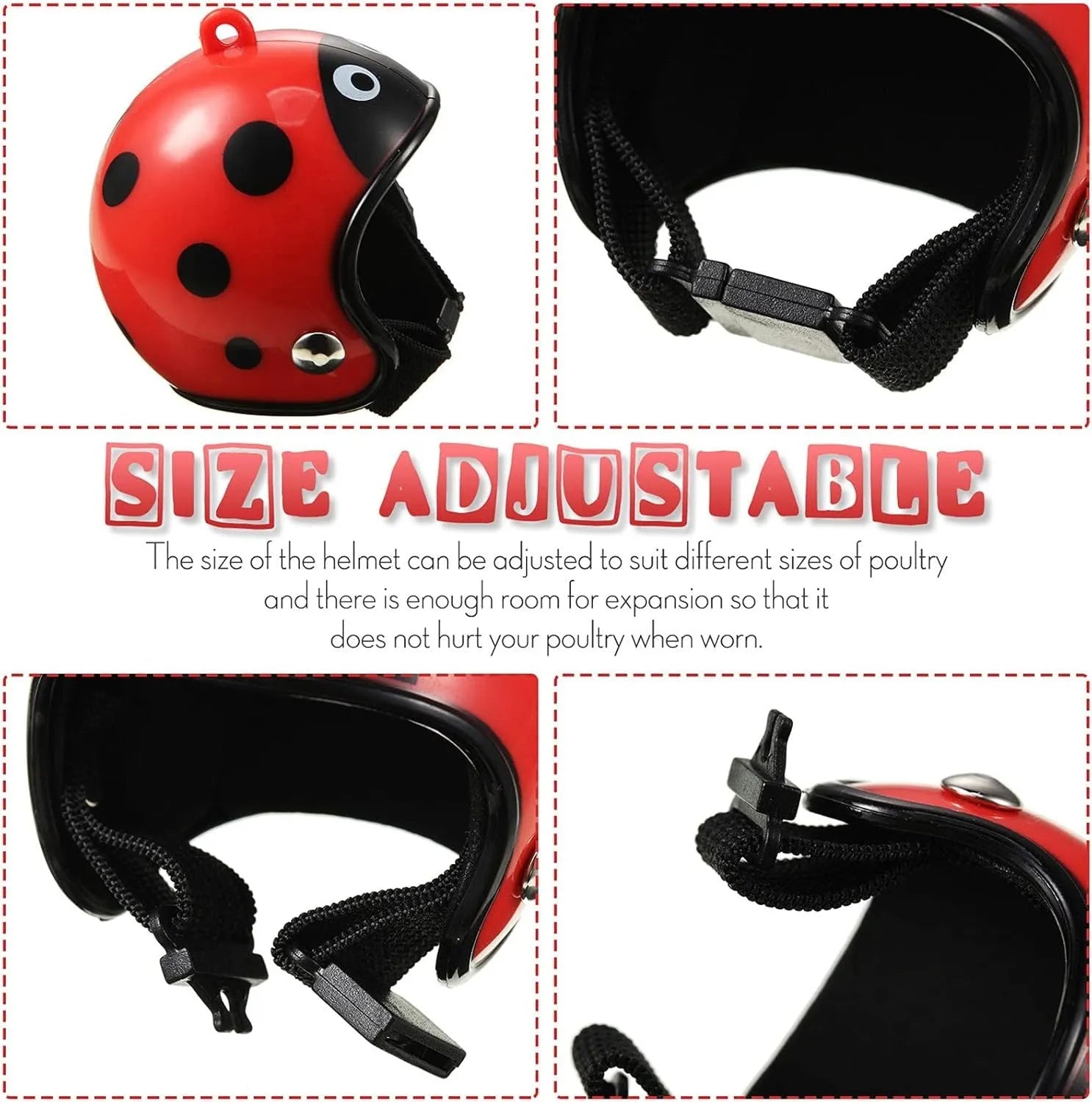 Small hard plastic helmet for a chicken or bird with elastic straps and a colourful design.