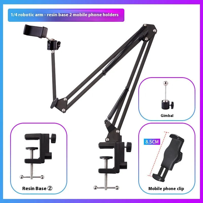 Black foldable metal desktop cantilever bracket with tablet clip extended to mounting position
