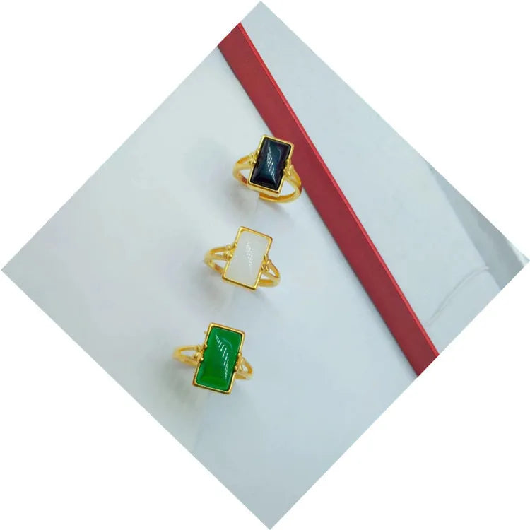 Adjustable brass gold-plated ring with artificial gemstone inlay in national style design