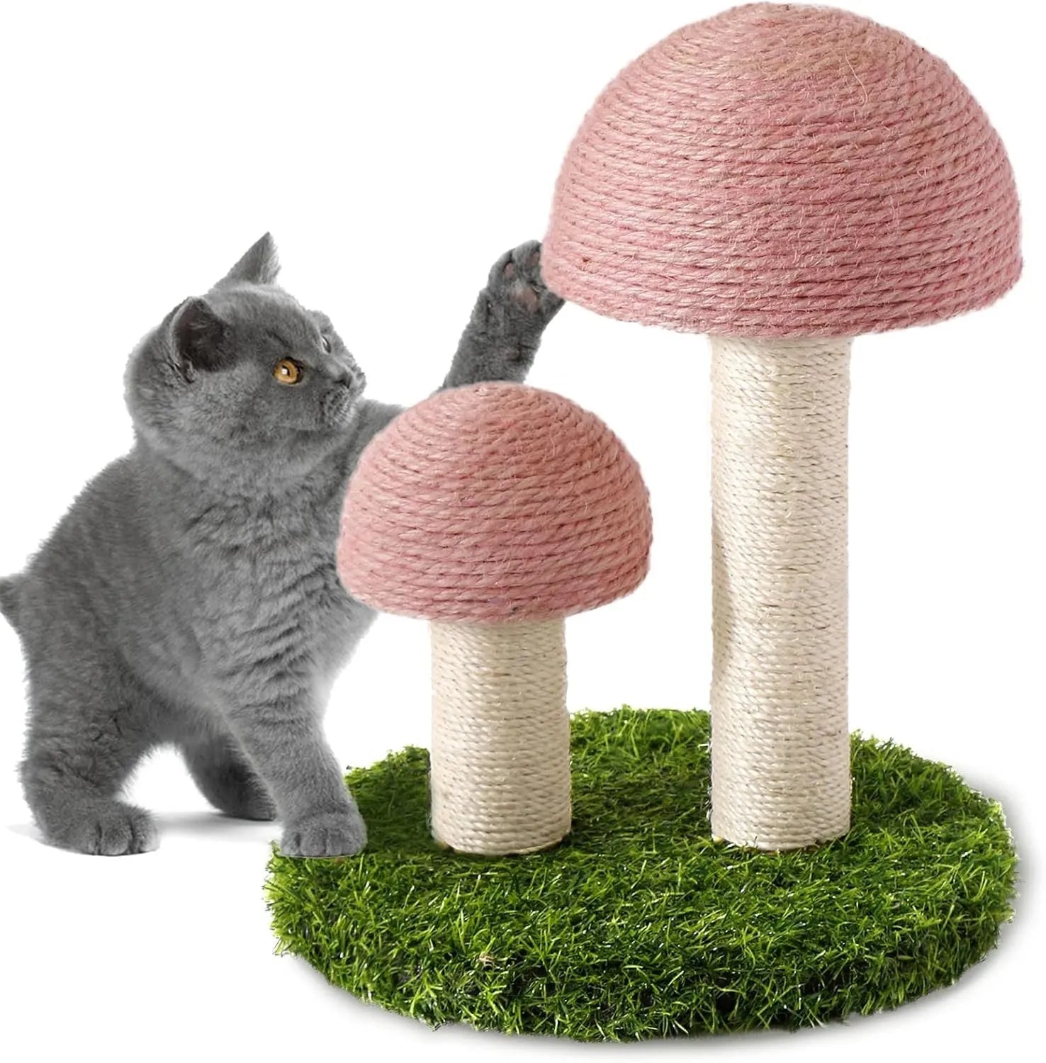 Pink mushroom-shaped cat scratching post with natural sisal caps and pole on a sturdy base.