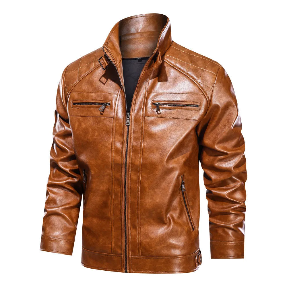 Simple retro polyester leather jacket for men in brown