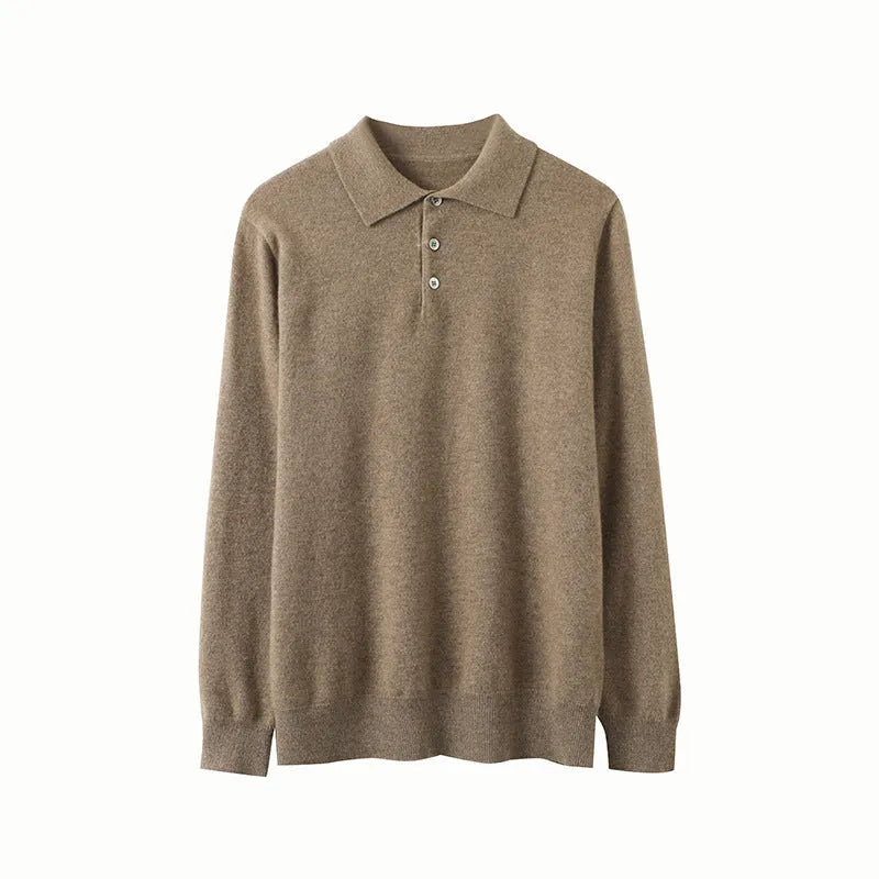 Men's loose fit cashmere pullover sweater with a polo collar in sapphire blue