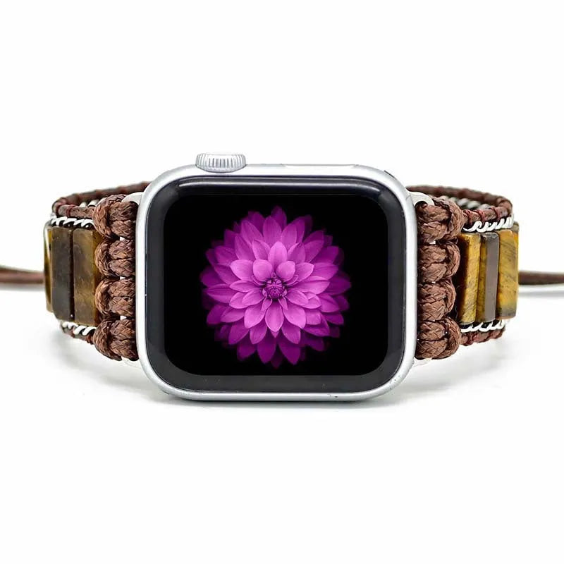 Rectangular tiger eye stone chain watch strap on adjustable textile band for 38-45mm watches