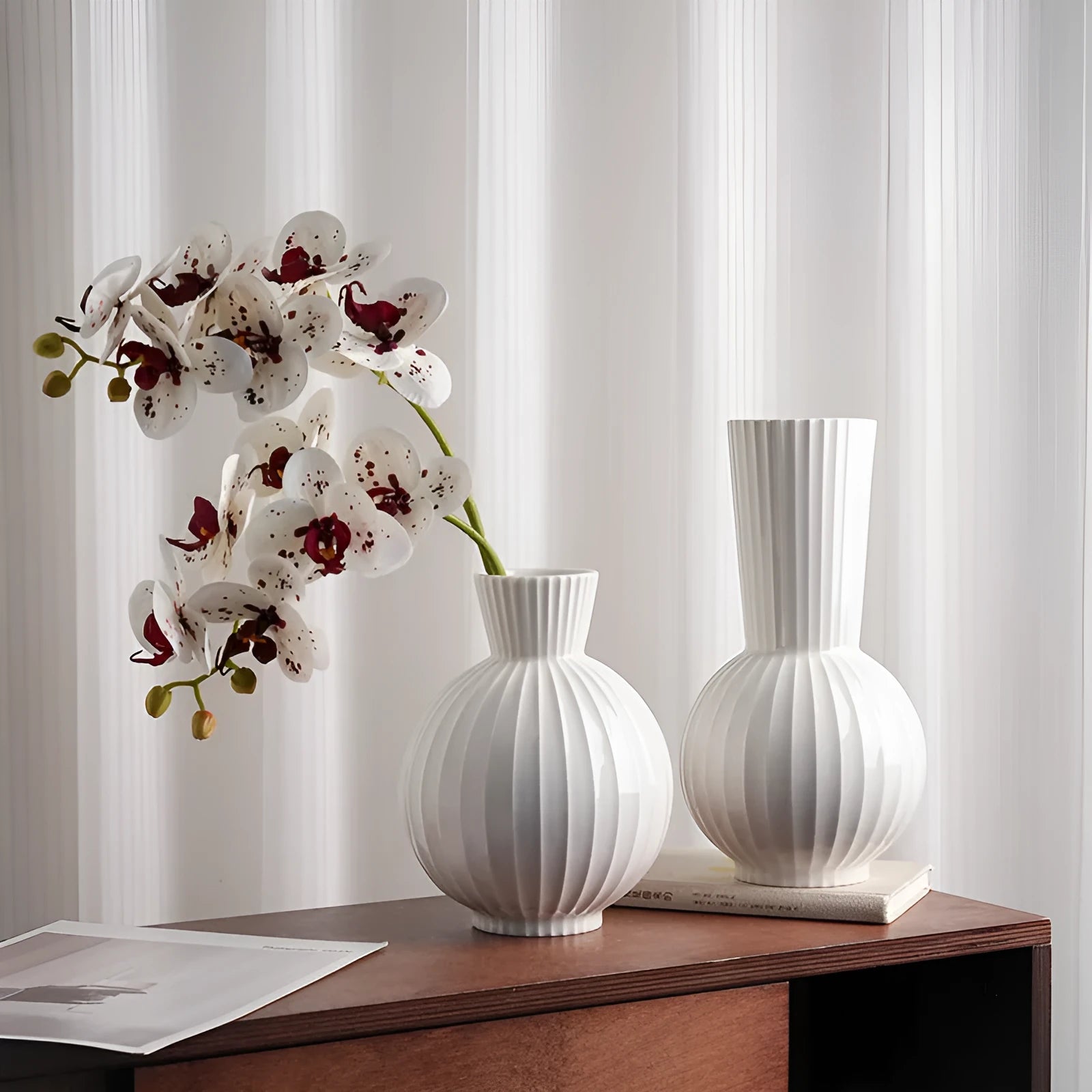 American country style ceramic vase with white base and blue stripes on living room table