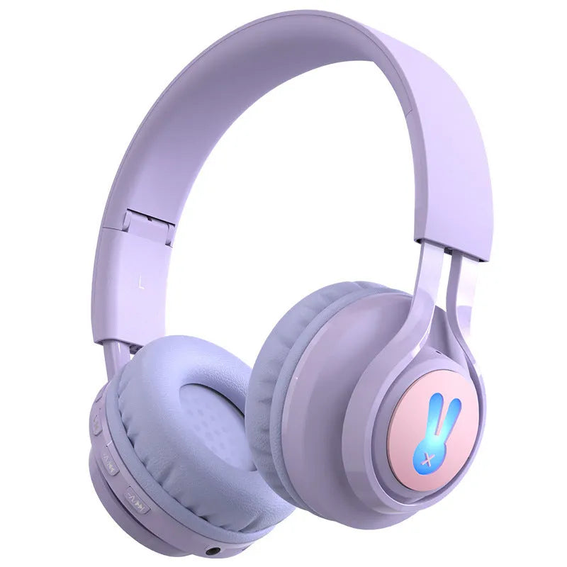 Wireless RGB children's headphones with light-up bunny ears in pink or purple colour