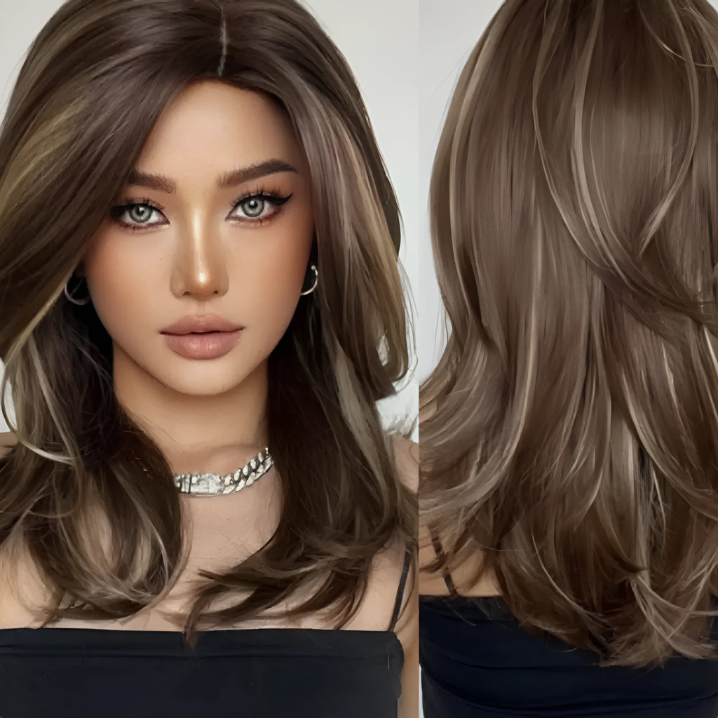Mid-length platinum gradient colour synthetic wig with long curly hair and bangs