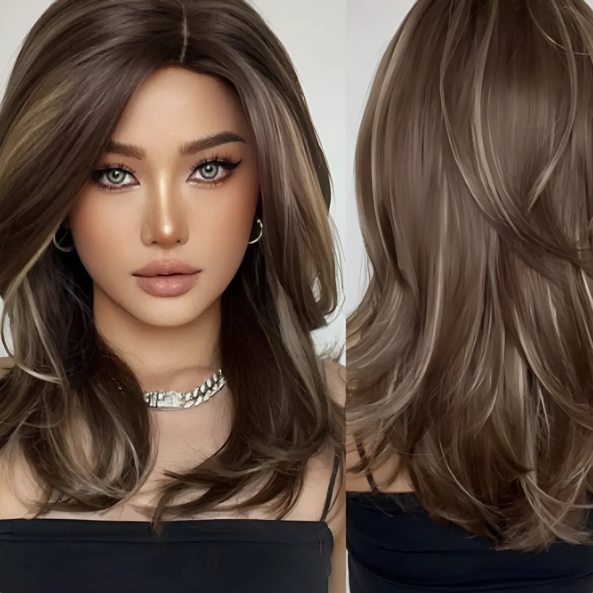 Mid-length platinum gradient colour synthetic wig with long curly hair and bangs