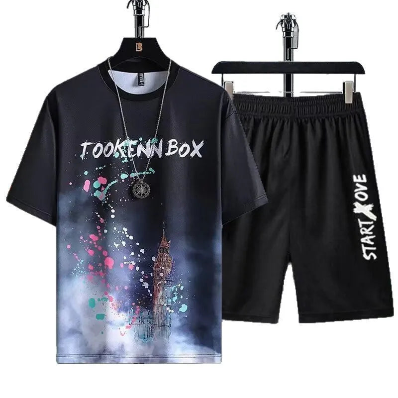 Men's lightweight polyester summer shorts suit set in a colour option, showing short sleeve T-shirt and matching shorts.