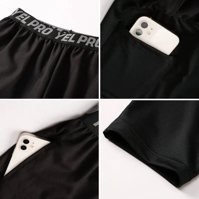 Men's grey quick-drying high elastic tight sports pants for running and fitness.