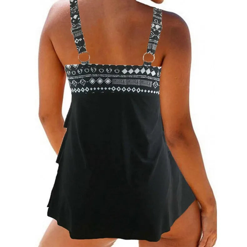 Plus-size women's split swimsuit with double shoulder straps and bow detail