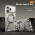 Black metal iPhone 17 Pro Max case with integrated magnetic bracket showing electroplated finish